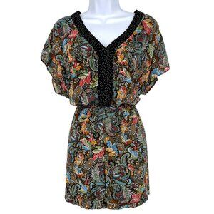 DR2 Paisley Floral Print Romper V-Neck Short Sleeve Black Multi-Color Size Large